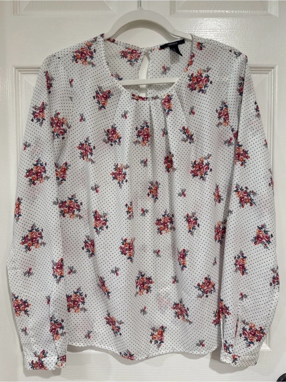 Forever 21 Women's MED Long Sleeve Blouse White Multi Polka Dot Floral